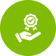 White hand holding award badge on green circle